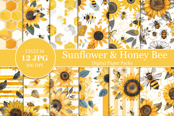 Download Sunflower &amp; Honey Bee Digital Paper - Bee Collection