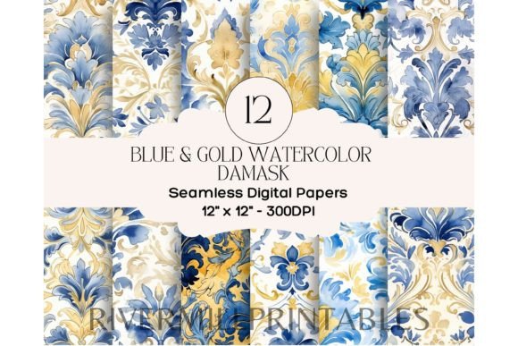 Download Blue &amp; Gold Damask 12 X 12 Digital Paper - Blue Collection