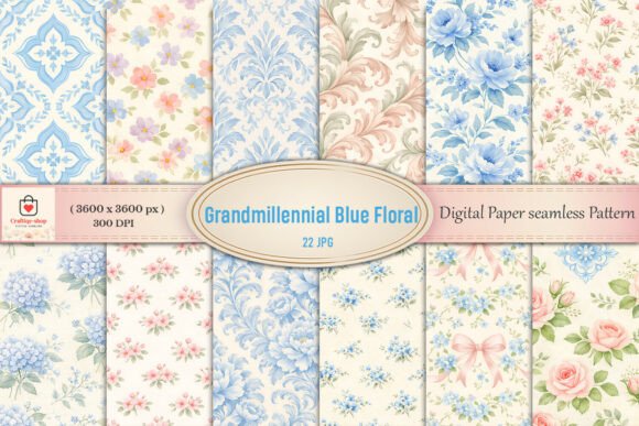 Download Grandmillennial Blue Floral Digital Pape - Blue Collection